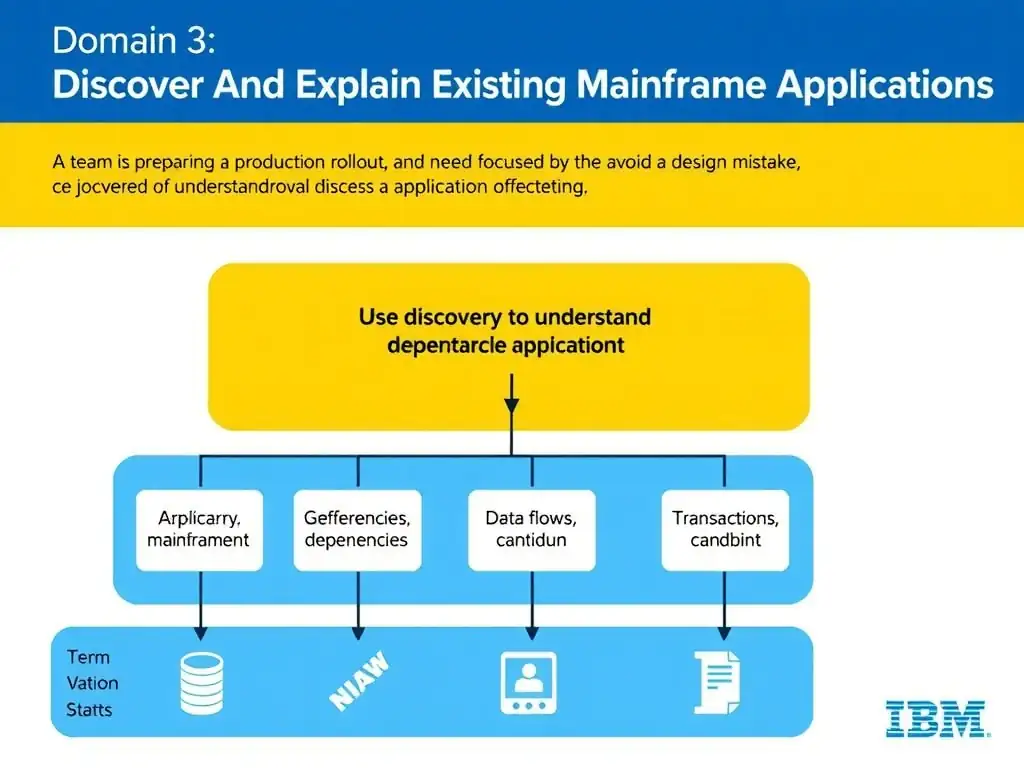 Create a clean educational infographic about IBM Mainframe concepts for Domain 3 Discover And Explain Existing Mainframe Applications. Visually represent: A team is preparing a production rollout and needs to avoid a design mistake. The team is focused on application discove Show a labeled diagram highlighting 'Use discovery to understand dependencies, data flows, transactions, and candidat' as the correct approach. Include icons for mainframe components, arrows showing relationships, and a clear visual hierarchy. Use blue.