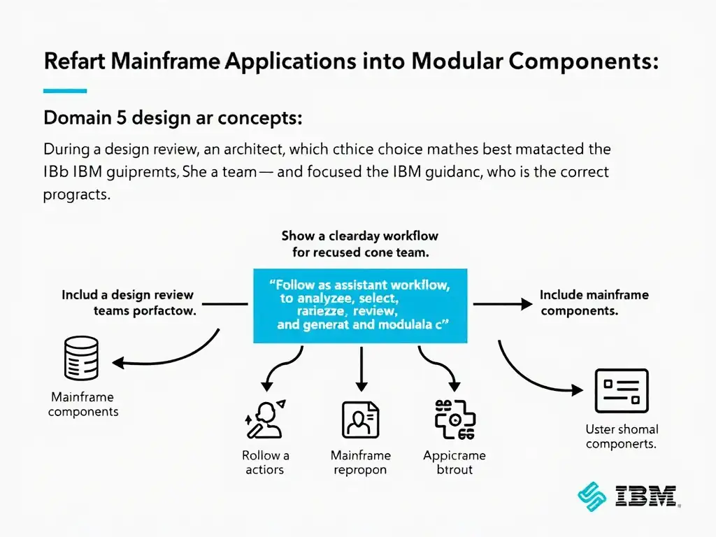 Create a clean educational infographic about IBM Mainframe concepts for Domain 5 Refactor Mainframe Applications Into Modular Components. Visually represent: During a design review, an architect asks which choice best matches the IBM guidance. The team is focused on refactoring Show a labeled diagram highlighting 'Follow the assistant workflow to analyze, select, review, and generate modular c' as the correct approach. Include icons for mainframe components, arrows showing relationships, and a clear visual hierarchy. Use.