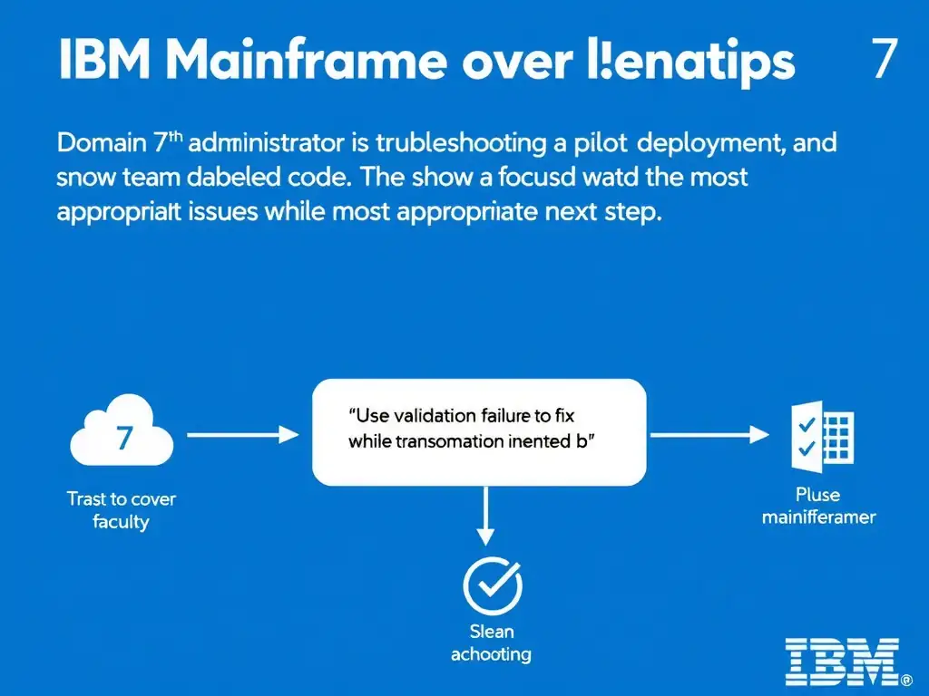 Create a clean educational infographic about IBM Mainframe concepts for Domain 7 Validate Transformed Code. Visually represent: An administrator is troubleshooting a pilot deployment and wants the most appropriate next step. The team is focused on Show a labeled diagram highlighting 'Use validation failures to fix transformation issues while preserving intended b' as the correct approach. Include icons for mainframe components, arrows showing relationships, and a clear visual hierarchy. Use blue and white color scheme with IBM-style clean technical aesthetic.