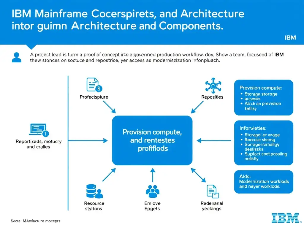 Create a clean educational infographic about IBM Mainframe concepts for Domain 2 Architecture & Components. Visually represent: A project lead is turning a proof of concept into a governed production workflow. The team is focused on resource provis Show a labeled diagram highlighting 'Provision compute, storage, repositories, and access for modernization workloads' as the correct approach. Include icons for mainframe components, arrows showing relationships, and a clear visual hierarchy. Use blue and white color scheme with IBM-style clean technical aesthetic.
