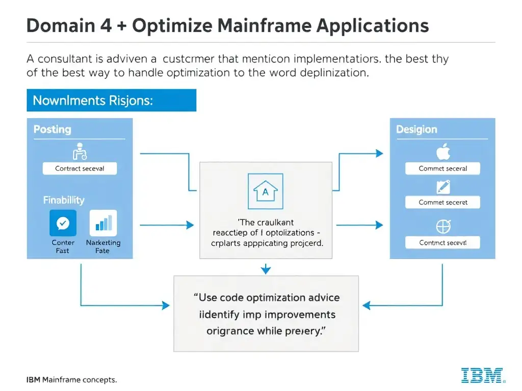 Create a clean educational infographic about IBM Mainframe concepts for Domain 4 Optimize Mainframe Applications. Visually represent: A consultant is advising a customer that wants a scalable implementation. What is the best way to handle optimization ad Show a labeled diagram highlighting 'Use code optimization advice to identify improvement opportunities while preserv' as the correct approach. Include icons for mainframe components, arrows showing relationships, and a clear visual hierarchy. Use blue and white color scheme with IBM-style clean technical aesthetic.