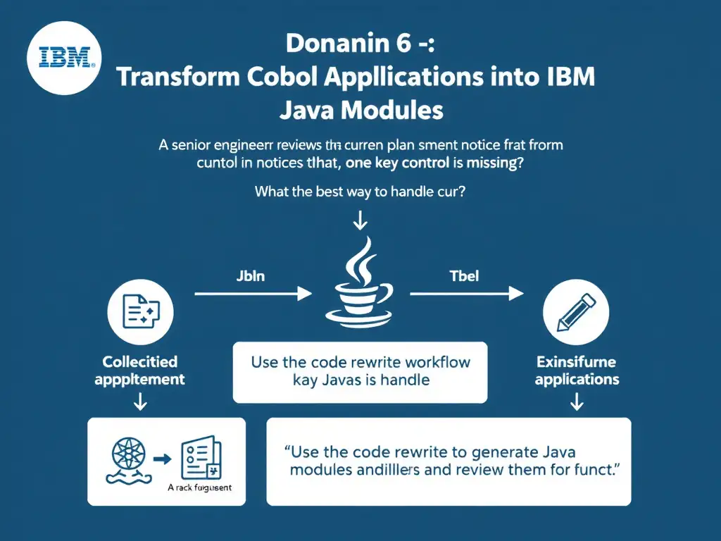 Create a clean educational infographic about IBM Mainframe concepts for Domain 6 Transform Cobol Applications Into Java Modules. Visually represent: A senior engineer reviews the current plan and notices that one key control is missing. What is the best way to handle c Show a labeled diagram highlighting 'Use the code rewrite workflow to generate Java modules and review them for funct' as the correct approach. Include icons for mainframe components, arrows showing relationships, and.