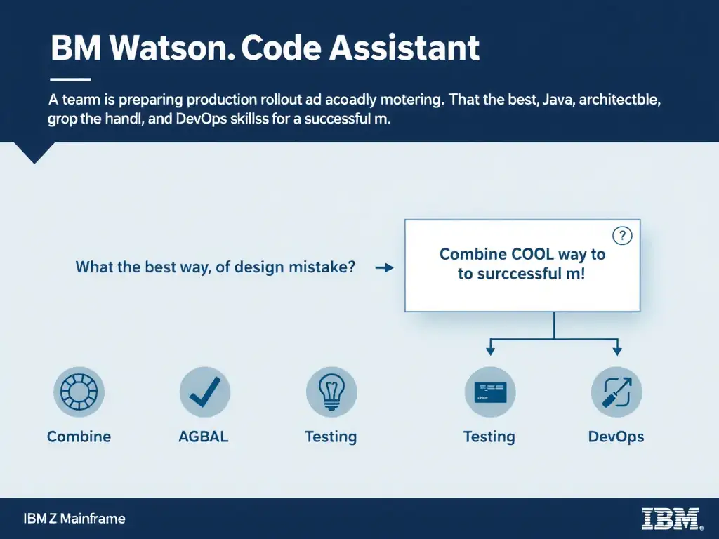 Create a clean educational infographic about IBM Mainframe concepts for Domain 1 Watsonx Code Assistant For Z Overview. Visually represent: A team is preparing a production rollout and needs to avoid a design mistake. What is the best way to handle skills for Show a labeled diagram highlighting 'Combine COBOL, Java, architecture, testing, and DevOps skills for a successful m' as the correct approach. Include icons for mainframe components, arrows showing relationships, and a clear.