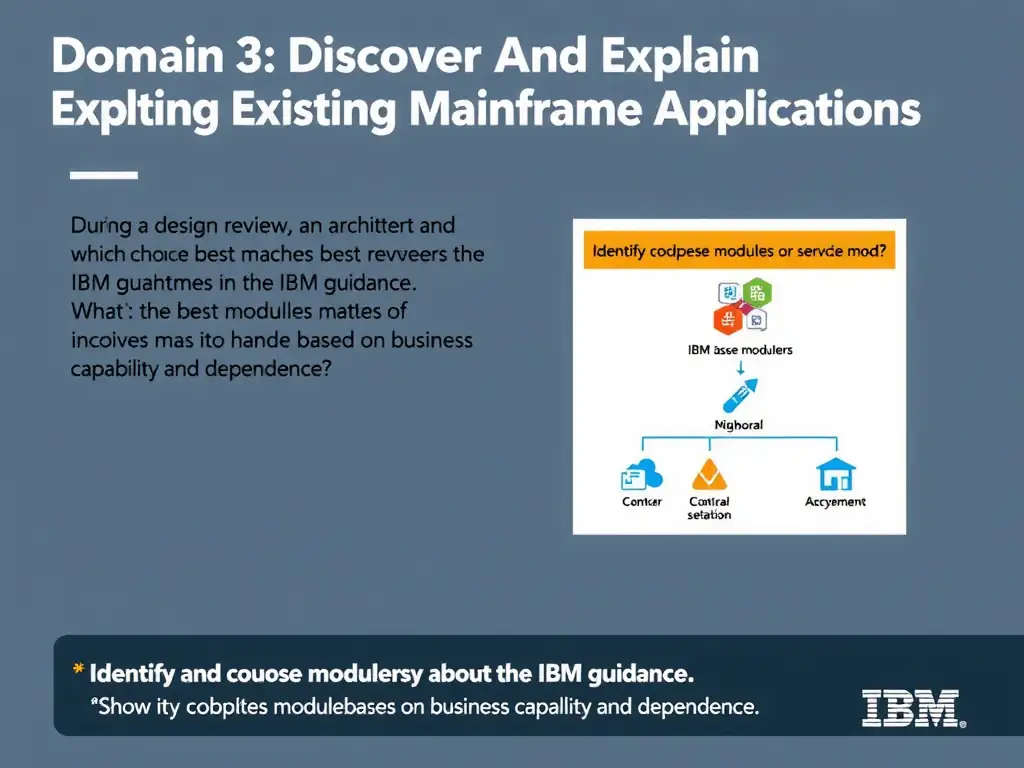 Create a clean educational infographic about IBM Mainframe concepts for Domain 3 Discover And Explain Existing Mainframe Applications. Visually represent: During a design review, an architect asks which choice best matches the IBM guidance. What is the best way to handle mod Show a labeled diagram highlighting 'Identify cohesive modules or services based on business capability and dependenc' as the correct approach. Include icons for mainframe components, arrows showing relationships, and a clear visual hierarchy..