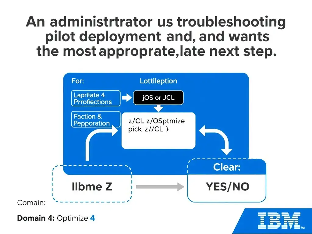 Clean educational infographic for IBM mainframe certification. Topic: An administrator is troubleshooting a pilot deployment and wants the most appropriate next step. For. Domain: Domain 4: Optimize Mainframe Applications. Show IBM Z system architecture diagram with labeled components, z/OS flow arrows, COBOL or JCL code snippet in a highlighted box, and a clear YES/NO comparison panel. Professional blue, white, and gray color scheme with bold IBM-style typography.