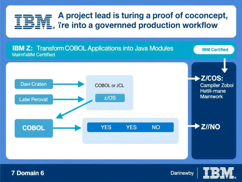 Clean educational infographic for IBM mainframe certification. Topic: A project lead is turning a proof of concept into a governed production workflow. For IBM Certified. Domain: Domain 6: Transform COBOL Applications into Java Modules. Show IBM Z system architecture diagram with labeled components, z/OS flow arrows, COBOL or JCL code snippet in a highlighted box, and a clear YES/NO comparison panel. Professional blue, white, and gray color scheme with bold IBM-style typography.
