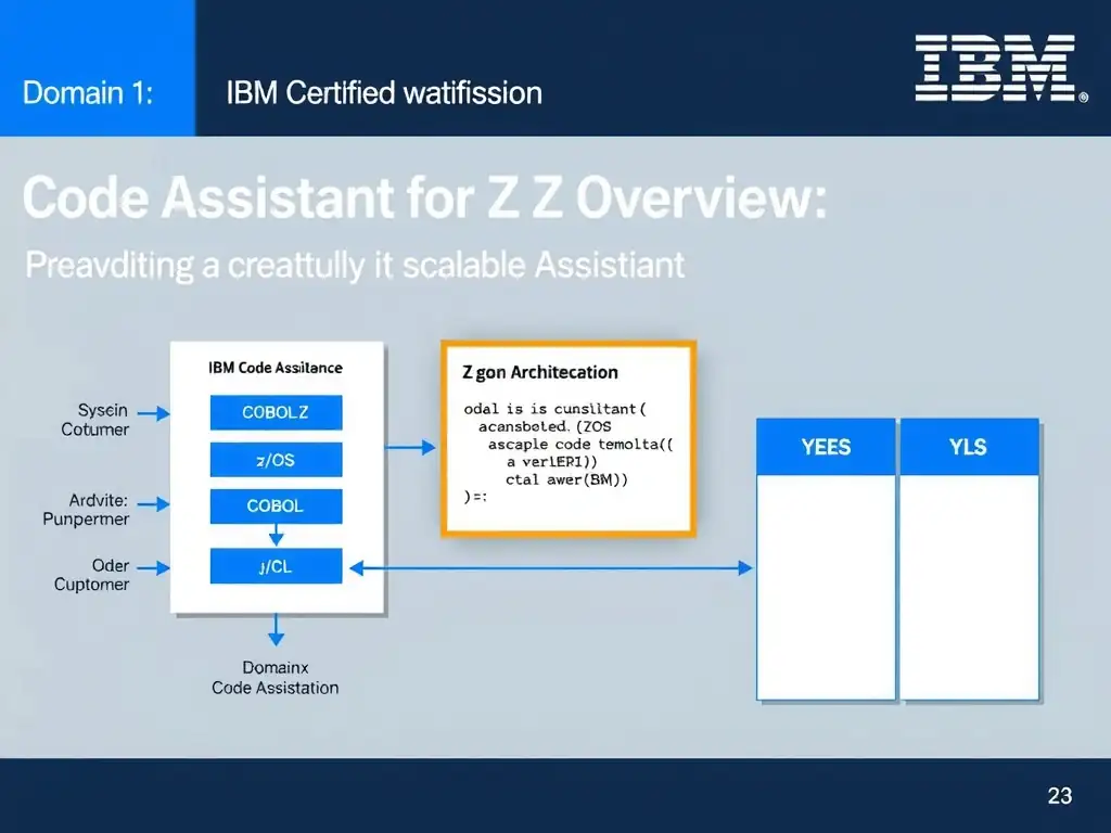 Clean educational infographic for IBM mainframe certification. Topic: A consultant is advising a customer that wants a scalable implementation. For IBM Certified watsonx. Domain: Domain 1: watsonx Code Assistant for Z Overview. Show IBM Z system architecture diagram with labeled components, z/OS flow arrows, COBOL or JCL code snippet in a highlighted box, and a clear YES/NO comparison panel. Professional blue, white, and gray color scheme with bold IBM-style typography.