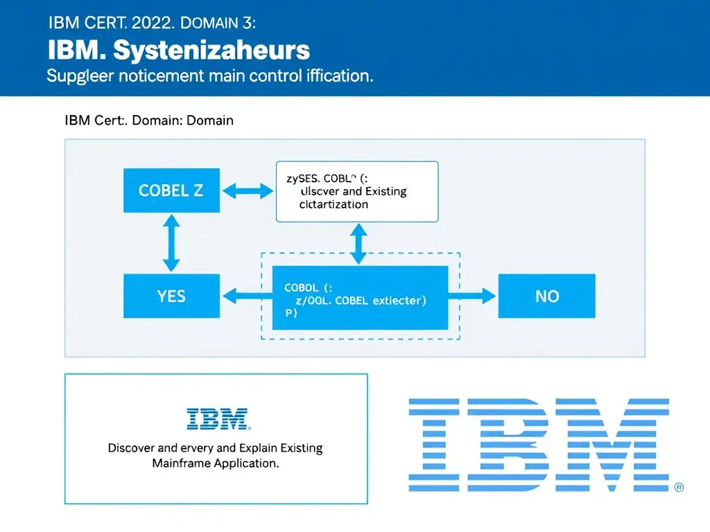 Clean educational infographic for IBM mainframe certification. Topic: A senior engineer reviews the current plan and notices that one key control is missing. For IBM Cert. Domain: Domain 3: Discover and Explain Existing Mainframe Applicatio. Show IBM Z system architecture diagram with labeled components, z/OS flow arrows, COBOL or JCL code snippet in a highlighted box, and a clear YES/NO comparison panel. Professional blue, white, and gray color scheme with bold IBM-style typography.