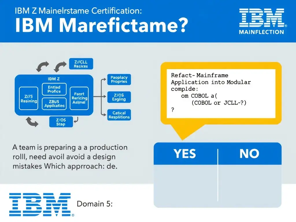 Clean educational infographic for IBM mainframe certification. Topic: A team is preparing a production rollout and needs to avoid a design mistake. Which approach best de. Domain: Domain 5: Refactor Mainframe Applications into Modular Compo. Show IBM Z system architecture diagram with labeled components, z/OS flow arrows, COBOL or JCL code snippet in a highlighted box, and a clear YES/NO comparison panel. Professional blue, white, and gray color scheme with bold IBM-style typography.