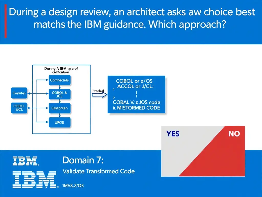 Clean educational infographic for IBM mainframe certification. Topic: During a design review, an architect asks which choice best matches the IBM guidance. Which approach. Domain: Domain 7: Validate Transformed Code. Show IBM Z system architecture diagram with labeled components, z/OS flow arrows, COBOL or JCL code snippet in a highlighted box, and a clear YES/NO comparison panel. Professional blue, white, and gray color scheme with bold IBM-style typography.