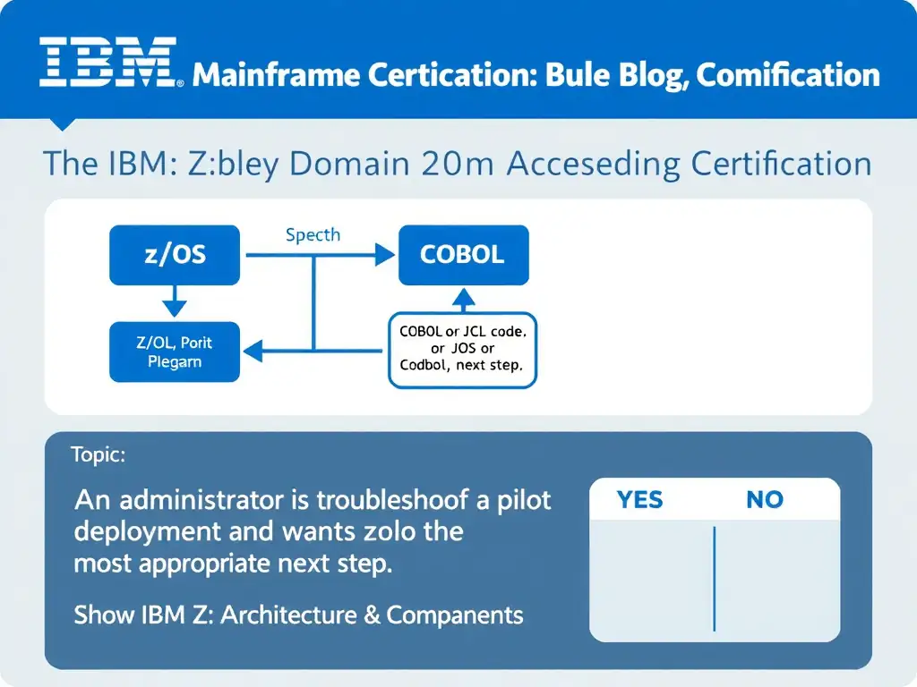 Clean educational infographic for IBM mainframe certification. Topic: An administrator is troubleshooting a pilot deployment and wants the most appropriate next step. Whi. Domain: Domain 2: Architecture & Components. Show IBM Z system architecture diagram with labeled components, z/OS flow arrows, COBOL or JCL code snippet in a highlighted box, and a clear YES/NO comparison panel. Professional blue, white, and gray color scheme with bold IBM-style typography.