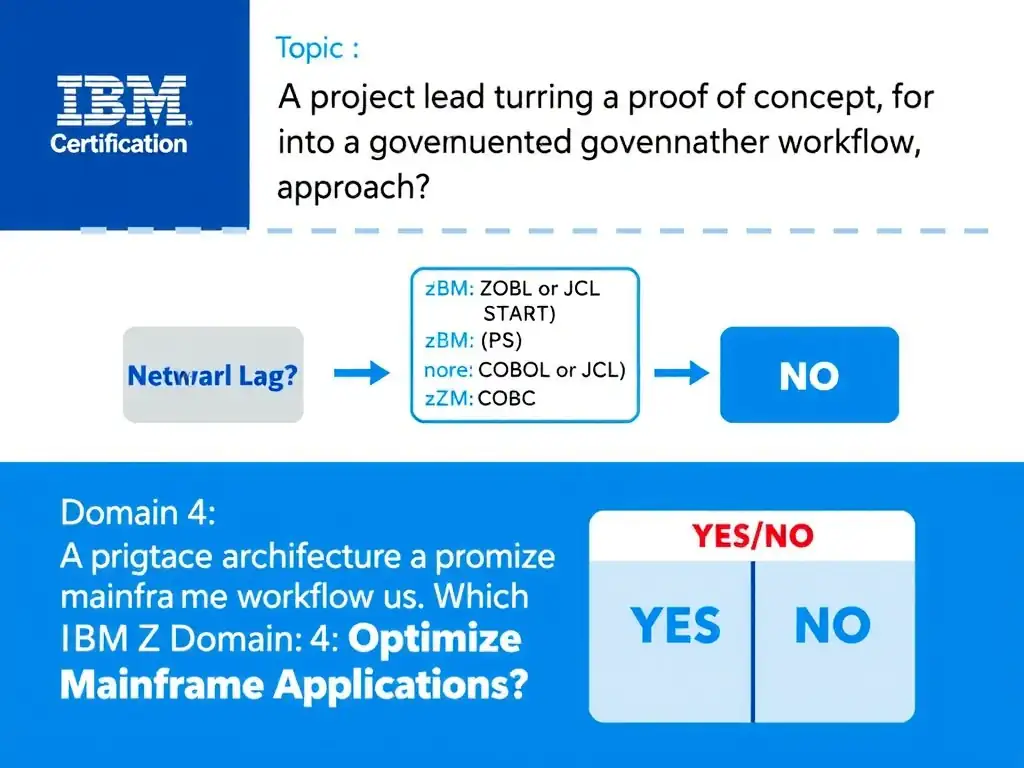 Clean educational infographic for IBM mainframe certification. Topic: A project lead is turning a proof of concept into a governed production workflow. Which approach bes. Domain: Domain 4: Optimize Mainframe Applications. Show IBM Z system architecture diagram with labeled components, z/OS flow arrows, COBOL or JCL code snippet in a highlighted box, and a clear YES/NO comparison panel. Professional blue, white, and gray color scheme with bold IBM-style typography.