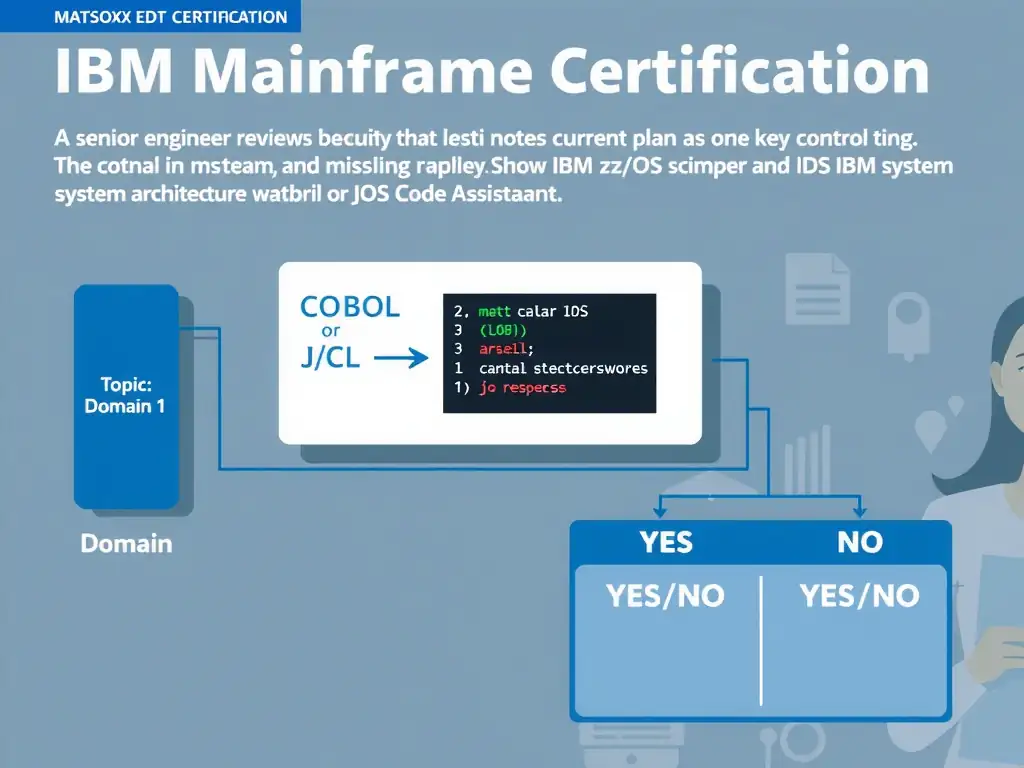 Clean educational infographic for IBM mainframe certification. Topic: A senior engineer reviews the current plan and notices that one key control is missing. The team is. Domain: Domain 1: watsonx Code Assistant for Z Overview. Show IBM Z system architecture diagram with labeled components, z/OS flow arrows, COBOL or JCL code snippet in a highlighted box, and a clear YES/NO comparison panel. Professional blue, white, and gray color scheme with bold IBM-style typography.