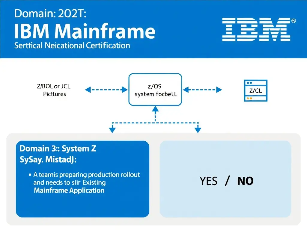 Clean educational infographic for IBM mainframe certification. Topic: A team is preparing a production rollout and needs to avoid a design mistake. The team is focused on. Domain: Domain 3: Discover and Explain Existing Mainframe Applicatio. Show IBM Z system architecture diagram with labeled components, z/OS flow arrows, COBOL or JCL code snippet in a highlighted box, and a clear YES/NO comparison panel. Professional blue, white, and gray color scheme with bold IBM-style typography.