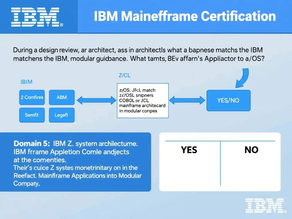 Clean educational infographic for IBM mainframe certification. Topic: During a design review, an architect asks which choice best matches the IBM guidance. The team is fo. Domain: Domain 5: Refactor Mainframe Applications into Modular Compo. Show IBM Z system architecture diagram with labeled components, z/OS flow arrows, COBOL or JCL code snippet in a highlighted box, and a clear YES/NO comparison panel. Professional blue, white, and gray color scheme with bold IBM-style typography.