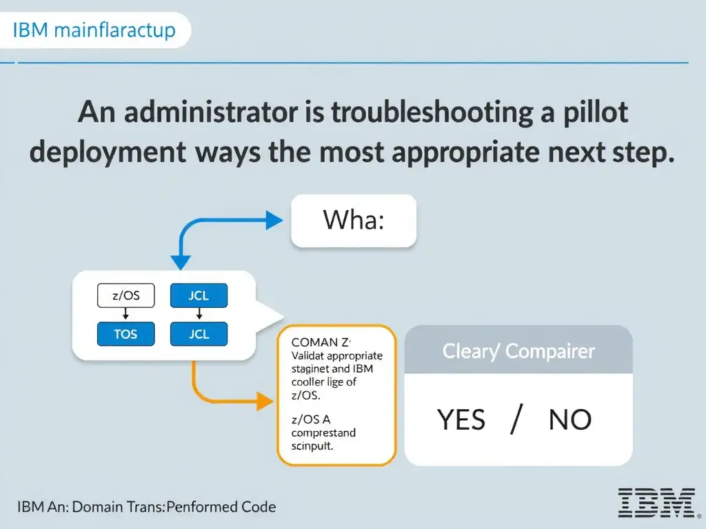Clean educational infographic for IBM mainframe certification. Topic: An administrator is troubleshooting a pilot deployment and wants the most appropriate next step. Wha. Domain: Domain 7: Validate Transformed Code. Show IBM Z system architecture diagram with labeled components, z/OS flow arrows, COBOL or JCL code snippet in a highlighted box, and a clear YES/NO comparison panel. Professional blue, white, and gray color scheme with bold IBM-style typography.