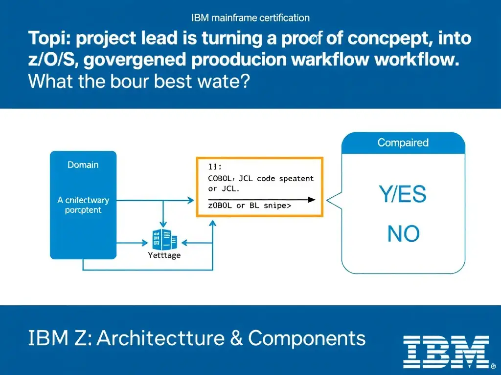 Clean educational infographic for IBM mainframe certification. Topic: A project lead is turning a proof of concept into a governed production workflow. What is the best w. Domain: Domain 2: Architecture & Components. Show IBM Z system architecture diagram with labeled components, z/OS flow arrows, COBOL or JCL code snippet in a highlighted box, and a clear YES/NO comparison panel. Professional blue, white, and gray color scheme with bold IBM-style typography.