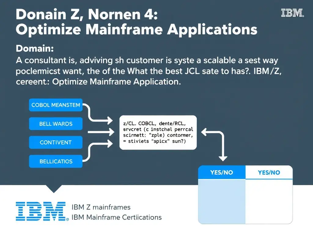Clean educational infographic for IBM mainframe certification. Topic: A consultant is advising a customer that wants a scalable implementation. What is the best way to ha. Domain: Domain 4: Optimize Mainframe Applications. Show IBM Z system architecture diagram with labeled components, z/OS flow arrows, COBOL or JCL code snippet in a highlighted box, and a clear YES/NO comparison panel. Professional blue, white, and gray color scheme with bold IBM-style typography.