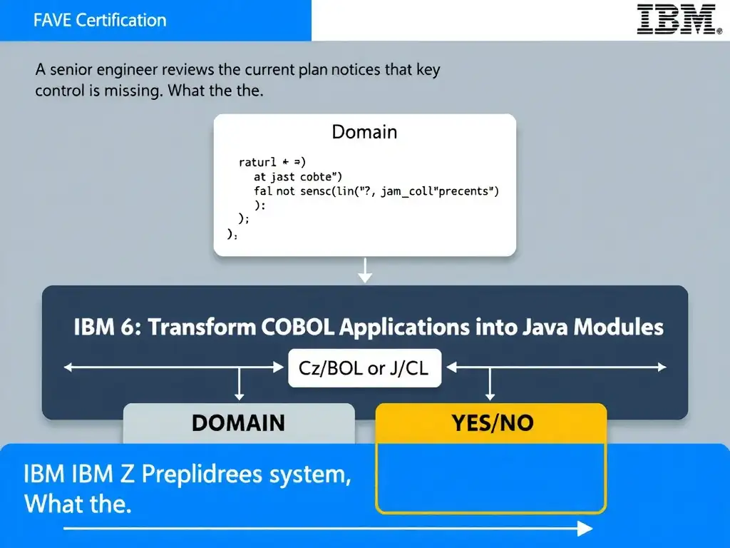Clean educational infographic for IBM mainframe certification. Topic: A senior engineer reviews the current plan and notices that one key control is missing. What is the. Domain: Domain 6: Transform COBOL Applications into Java Modules. Show IBM Z system architecture diagram with labeled components, z/OS flow arrows, COBOL or JCL code snippet in a highlighted box, and a clear YES/NO comparison panel. Professional blue, white, and gray color scheme with bold IBM-style typography.