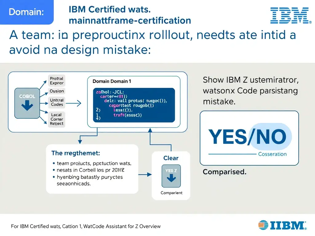 Clean educational infographic for IBM mainframe certification. Topic: A team is preparing a production rollout and needs to avoid a design mistake. For IBM Certified wats. Domain: Domain 1: watsonx Code Assistant for Z Overview. Show IBM Z system architecture diagram with labeled components, z/OS flow arrows, COBOL or JCL code snippet in a highlighted box, and a clear YES/NO comparison panel. Professional blue, white, and gray color scheme with bold IBM-style typography.