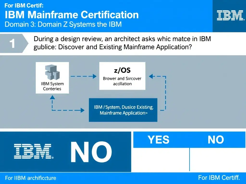 Clean educational infographic for IBM mainframe certification. Topic: During a design review, an architect asks which choice best matches the IBM guidance. For IBM Certif. Domain: Domain 3: Discover and Explain Existing Mainframe Applicatio. Show IBM Z system architecture diagram with labeled components, z/OS flow arrows, COBOL or JCL code snippet in a highlighted box, and a clear YES/NO comparison panel. Professional blue, white, and gray color scheme with bold IBM-style typography.