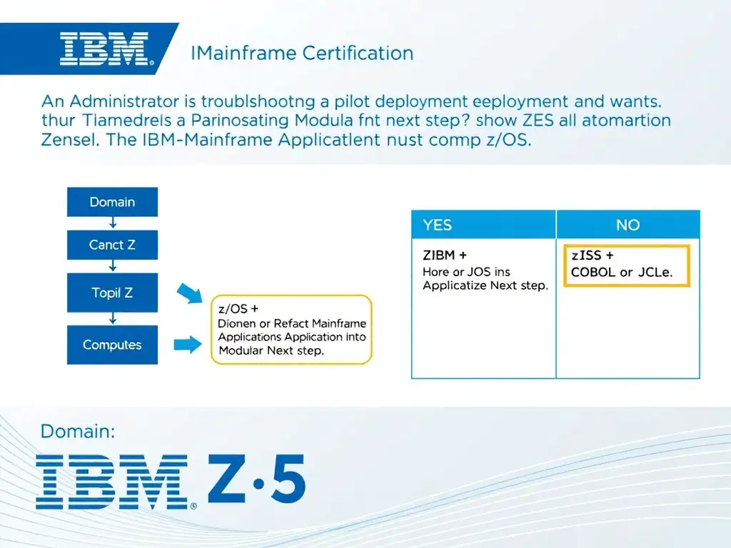 Clean educational infographic for IBM mainframe certification. Topic: An administrator is troubleshooting a pilot deployment and wants the most appropriate next step. For. Domain: Domain 5: Refactor Mainframe Applications into Modular Compo. Show IBM Z system architecture diagram with labeled components, z/OS flow arrows, COBOL or JCL code snippet in a highlighted box, and a clear YES/NO comparison panel. Professional blue, white, and gray color scheme with bold IBM-style typography.