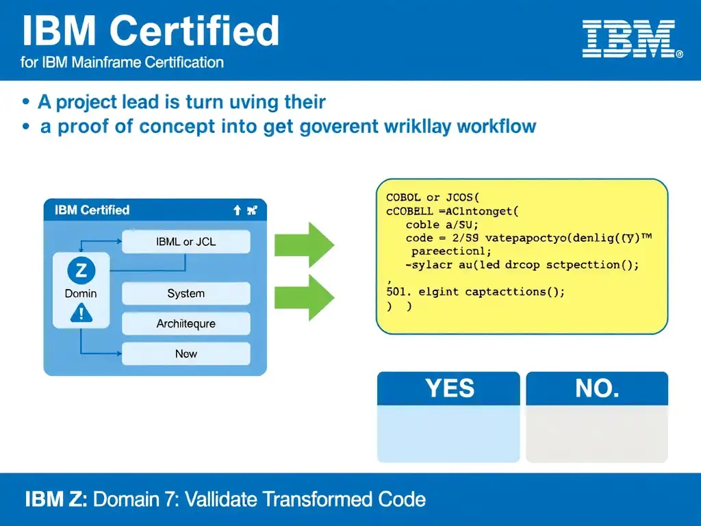 Clean educational infographic for IBM mainframe certification. Topic: A project lead is turning a proof of concept into a governed production workflow. For IBM Certified. Domain: Domain 7: Validate Transformed Code. Show IBM Z system architecture diagram with labeled components, z/OS flow arrows, COBOL or JCL code snippet in a highlighted box, and a clear YES/NO comparison panel. Professional blue, white, and gray color scheme with bold IBM-style typography.