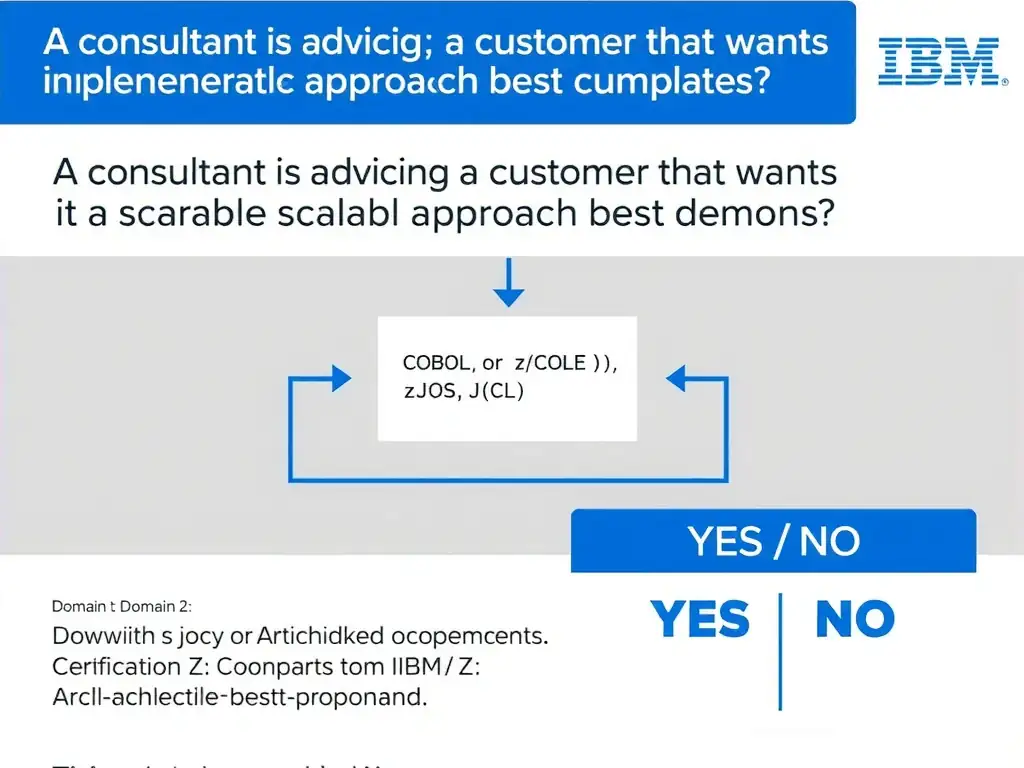 Clean educational infographic for IBM mainframe certification. Topic: A consultant is advising a customer that wants a scalable implementation. Which approach best demons. Domain: Domain 2: Architecture & Components. Show IBM Z system architecture diagram with labeled components, z/OS flow arrows, COBOL or JCL code snippet in a highlighted box, and a clear YES/NO comparison panel. Professional blue, white, and gray color scheme with bold IBM-style typography.