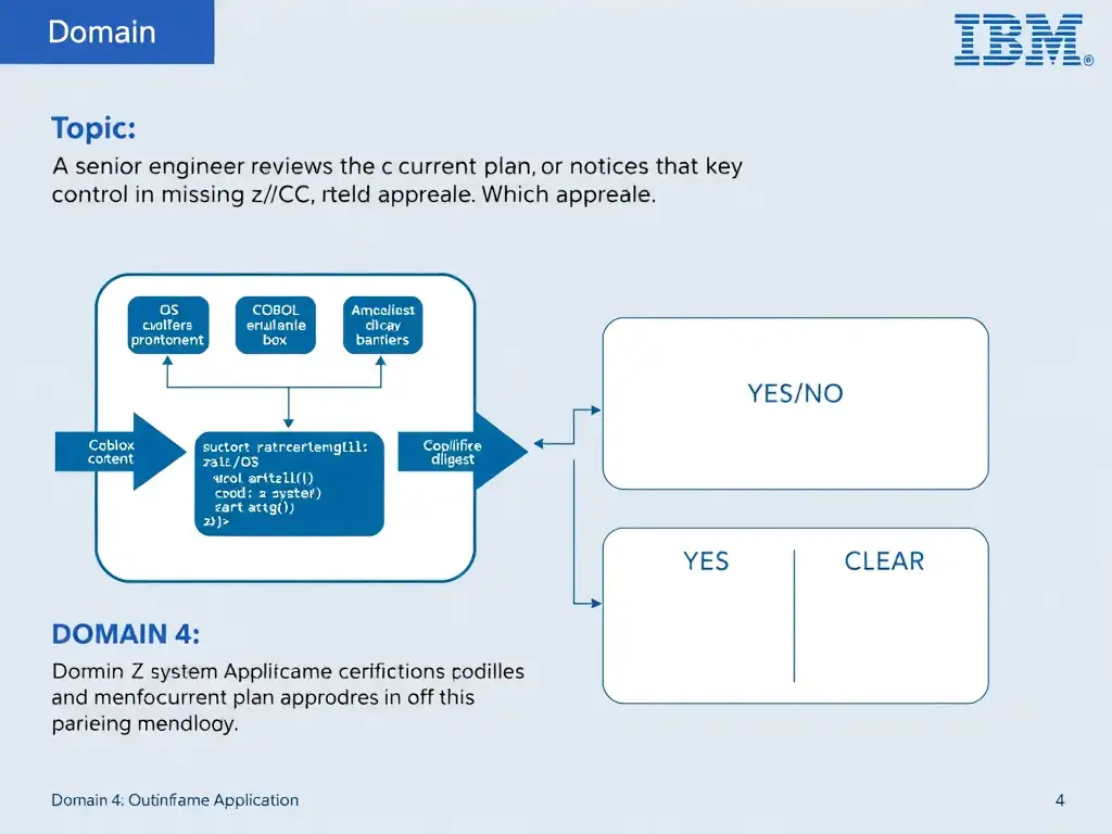 Clean educational infographic for IBM mainframe certification. Topic: A senior engineer reviews the current plan and notices that one key control is missing. Which approa. Domain: Domain 4: Optimize Mainframe Applications. Show IBM Z system architecture diagram with labeled components, z/OS flow arrows, COBOL or JCL code snippet in a highlighted box, and a clear YES/NO comparison panel. Professional blue, white, and gray color scheme with bold IBM-style typography.