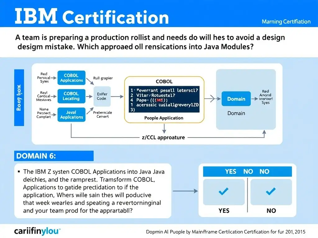 Clean educational infographic for IBM mainframe certification. Topic: A team is preparing a production rollout and needs to avoid a design mistake. Which approach best de. Domain: Domain 6: Transform COBOL Applications into Java Modules. Show IBM Z system architecture diagram with labeled components, z/OS flow arrows, COBOL or JCL code snippet in a highlighted box, and a clear YES/NO comparison panel. Professional blue, white, and gray color scheme with bold IBM-style typography.