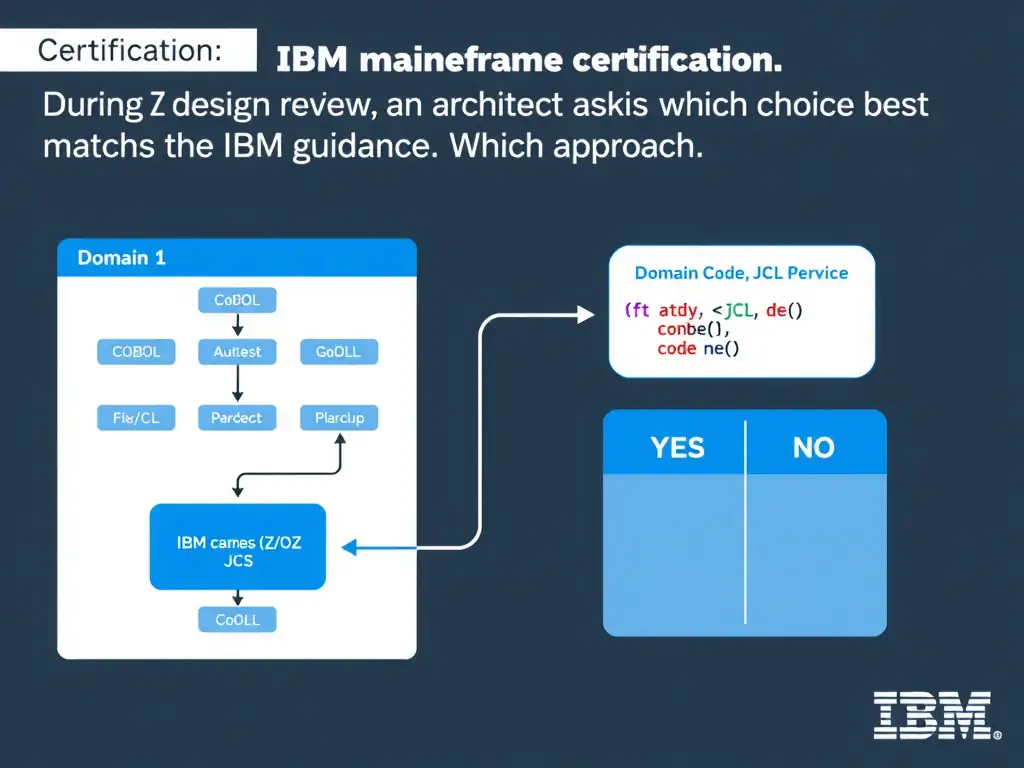 Clean educational infographic for IBM mainframe certification. Topic: During a design review, an architect asks which choice best matches the IBM guidance. Which approach. Domain: Domain 1: watsonx Code Assistant for Z Overview. Show IBM Z system architecture diagram with labeled components, z/OS flow arrows, COBOL or JCL code snippet in a highlighted box, and a clear YES/NO comparison panel. Professional blue, white, and gray color scheme with bold IBM-style typography.