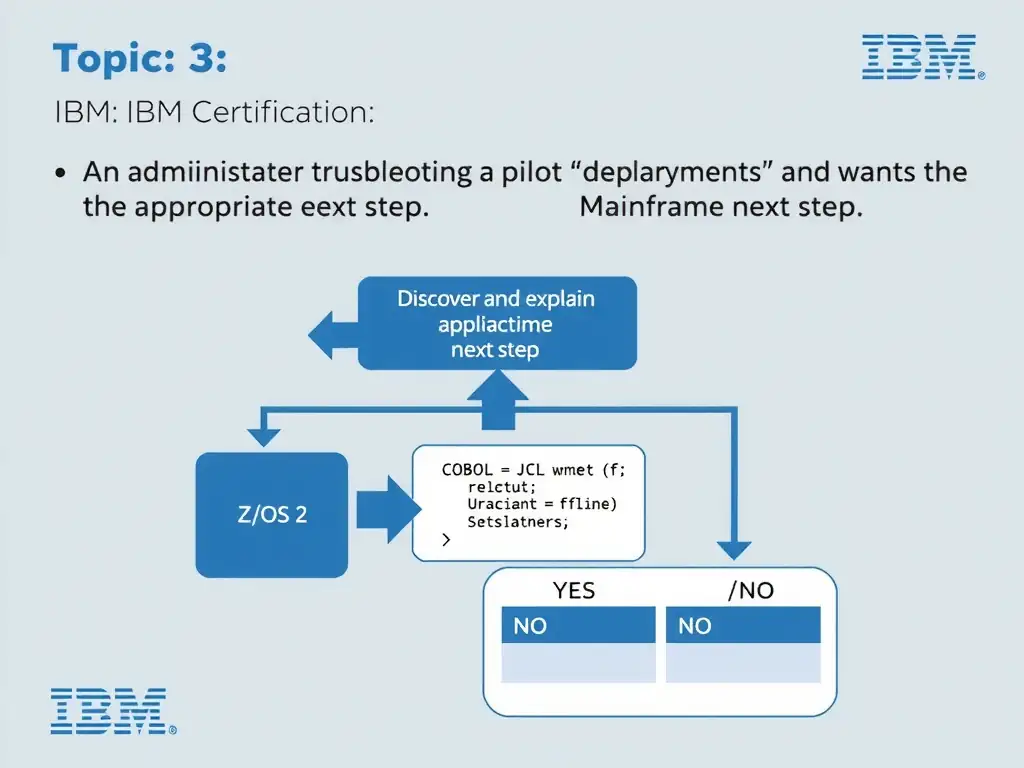Clean educational infographic for IBM mainframe certification. Topic: An administrator is troubleshooting a pilot deployment and wants the most appropriate next step. The. Domain: Domain 3: Discover and Explain Existing Mainframe Applicatio. Show IBM Z system architecture diagram with labeled components, z/OS flow arrows, COBOL or JCL code snippet in a highlighted box, and a clear YES/NO comparison panel. Professional blue, white, and gray color scheme with bold IBM-style typography.