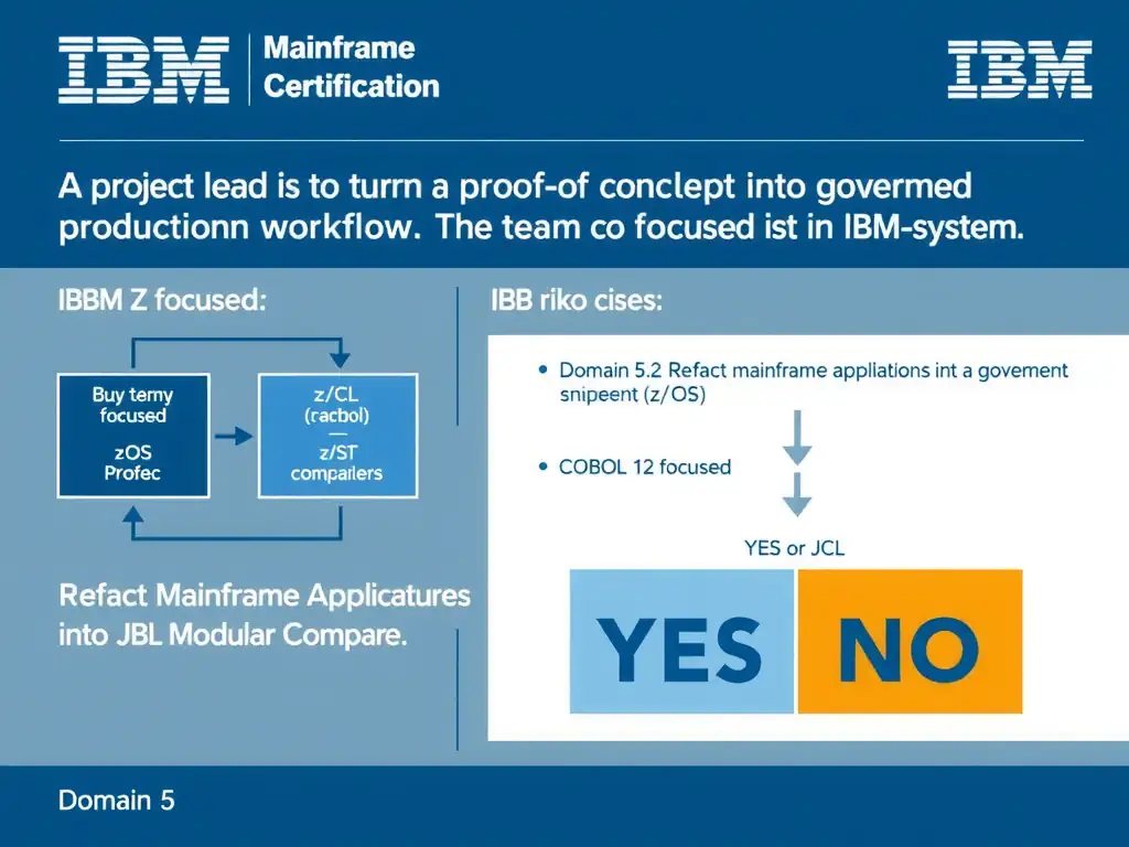Clean educational infographic for IBM mainframe certification. Topic: A project lead is turning a proof of concept into a governed production workflow. The team is focuse. Domain: Domain 5: Refactor Mainframe Applications into Modular Compo. Show IBM Z system architecture diagram with labeled components, z/OS flow arrows, COBOL or JCL code snippet in a highlighted box, and a clear YES/NO comparison panel. Professional blue, white, and gray color scheme with bold IBM-style typography.
