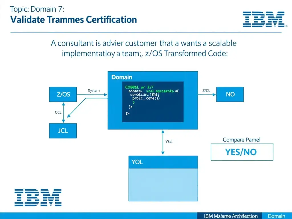 Clean educational infographic for IBM mainframe certification. Topic: A consultant is advising a customer that wants a scalable implementation. The team is focused on val. Domain: Domain 7: Validate Transformed Code. Show IBM Z system architecture diagram with labeled components, z/OS flow arrows, COBOL or JCL code snippet in a highlighted box, and a clear YES/NO comparison panel. Professional blue, white, and gray color scheme with bold IBM-style typography.