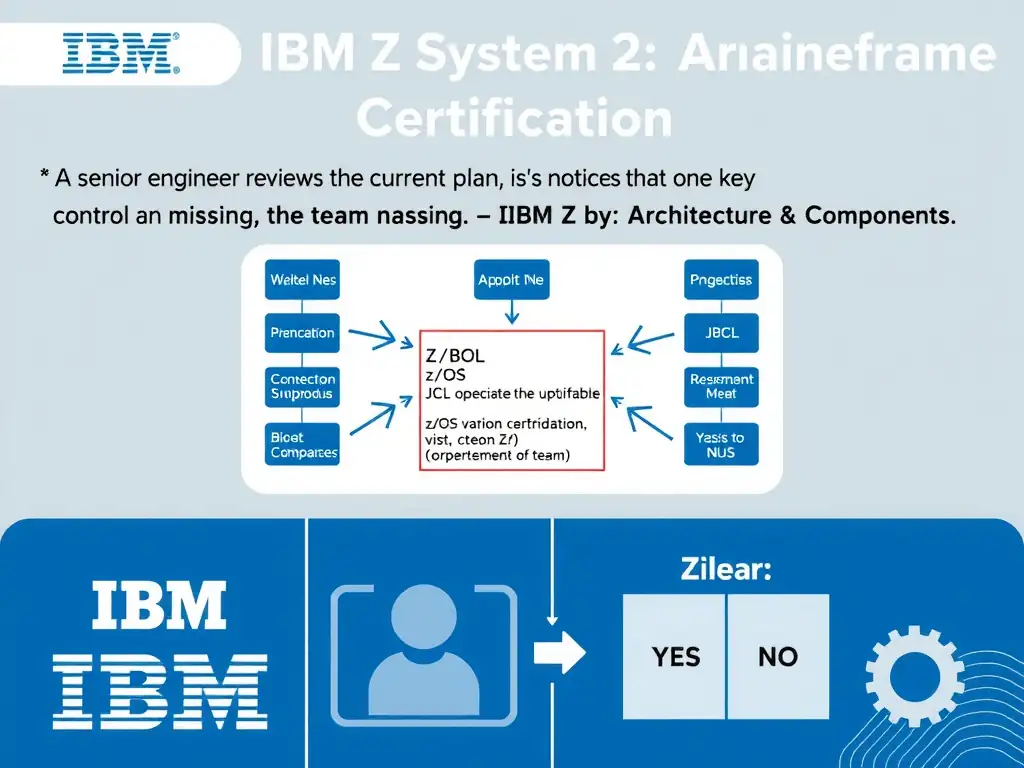 Clean educational infographic for IBM mainframe certification. Topic: A senior engineer reviews the current plan and notices that one key control is missing. The team is. Domain: Domain 2: Architecture & Components. Show IBM Z system architecture diagram with labeled components, z/OS flow arrows, COBOL or JCL code snippet in a highlighted box, and a clear YES/NO comparison panel. Professional blue, white, and gray color scheme with bold IBM-style typography.