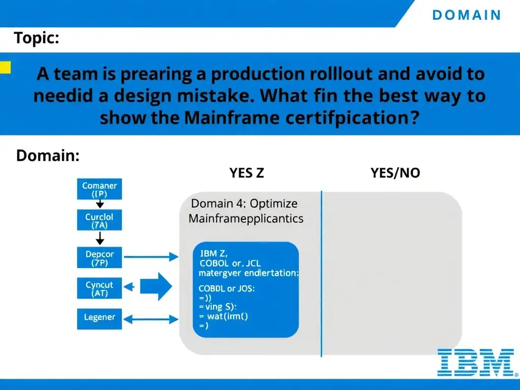Clean educational infographic for IBM mainframe certification. Topic: A team is preparing a production rollout and needs to avoid a design mistake. What is the best way t. Domain: Domain 4: Optimize Mainframe Applications. Show IBM Z system architecture diagram with labeled components, z/OS flow arrows, COBOL or JCL code snippet in a highlighted box, and a clear YES/NO comparison panel. Professional blue, white, and gray color scheme with bold IBM-style typography.