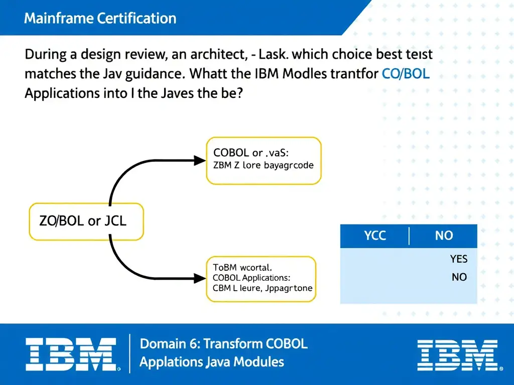 Clean educational infographic for IBM mainframe certification. Topic: During a design review, an architect asks which choice best matches the IBM guidance. What is the be. Domain: Domain 6: Transform COBOL Applications into Java Modules. Show IBM Z system architecture diagram with labeled components, z/OS flow arrows, COBOL or JCL code snippet in a highlighted box, and a clear YES/NO comparison panel. Professional blue, white, and gray color scheme with bold IBM-style typography.