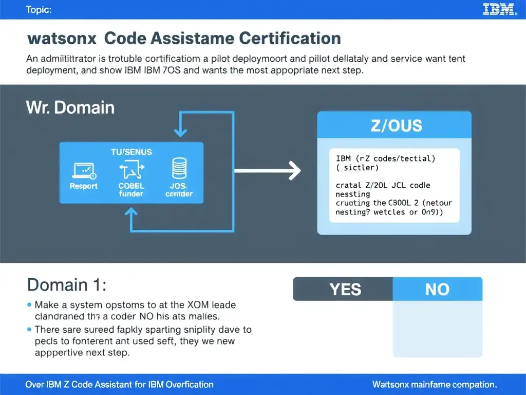 Clean educational infographic for IBM mainframe certification. Topic: An administrator is troubleshooting a pilot deployment and wants the most appropriate next step. Wha. Domain: Domain 1: watsonx Code Assistant for Z Overview. Show IBM Z system architecture diagram with labeled components, z/OS flow arrows, COBOL or JCL code snippet in a highlighted box, and a clear YES/NO comparison panel. Professional blue, white, and gray color scheme with bold IBM-style typography.