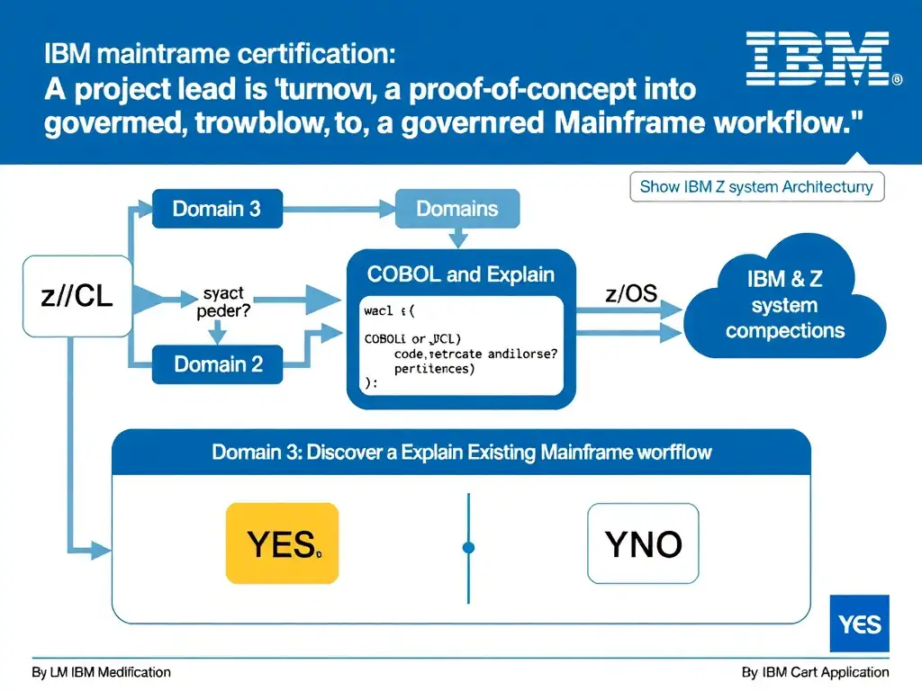 Clean educational infographic for IBM mainframe certification. Topic: A project lead is turning a proof of concept into a governed production workflow. What is the best w. Domain: Domain 3: Discover and Explain Existing Mainframe Applicatio. Show IBM Z system architecture diagram with labeled components, z/OS flow arrows, COBOL or JCL code snippet in a highlighted box, and a clear YES/NO comparison panel. Professional blue, white, and gray color scheme with bold IBM-style typography.