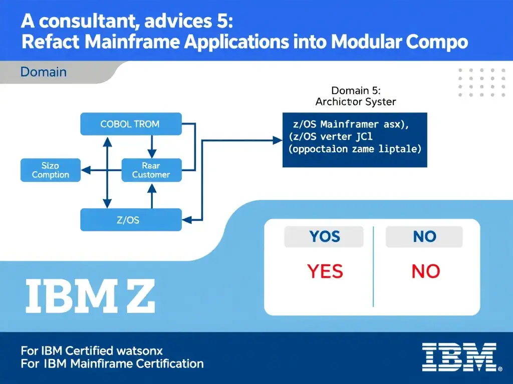 Clean educational infographic for IBM mainframe certification. Topic: A consultant is advising a customer that wants a scalable implementation. For IBM Certified watsonx. Domain: Domain 5: Refactor Mainframe Applications into Modular Compo. Show IBM Z system architecture diagram with labeled components, z/OS flow arrows, COBOL or JCL code snippet in a highlighted box, and a clear YES/NO comparison panel. Professional blue, white, and gray color scheme with bold IBM-style typography.