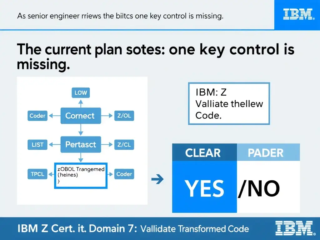 Clean educational infographic for IBM mainframe certification. Topic: A senior engineer reviews the current plan and notices that one key control is missing. For IBM Cert. Domain: Domain 7: Validate Transformed Code. Show IBM Z system architecture diagram with labeled components, z/OS flow arrows, COBOL or JCL code snippet in a highlighted box, and a clear YES/NO comparison panel. Professional blue, white, and gray color scheme with bold IBM-style typography.