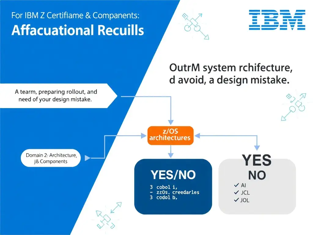 Clean educational infographic for IBM mainframe certification. Topic: A team is preparing a production rollout and needs to avoid a design mistake. For IBM Certified wats. Domain: Domain 2: Architecture & Components. Show IBM Z system architecture diagram with labeled components, z/OS flow arrows, COBOL or JCL code snippet in a highlighted box, and a clear YES/NO comparison panel. Professional blue, white, and gray color scheme with bold IBM-style typography.