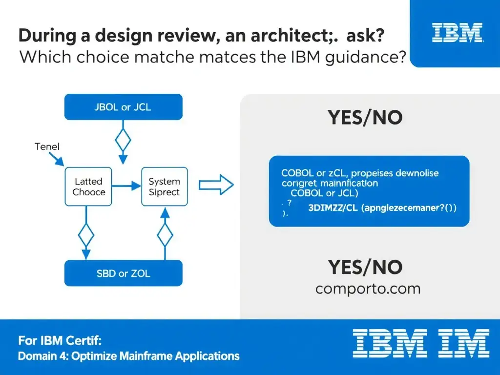Clean educational infographic for IBM mainframe certification. Topic: During a design review, an architect asks which choice best matches the IBM guidance. For IBM Certif. Domain: Domain 4: Optimize Mainframe Applications. Show IBM Z system architecture diagram with labeled components, z/OS flow arrows, COBOL or JCL code snippet in a highlighted box, and a clear YES/NO comparison panel. Professional blue, white, and gray color scheme with bold IBM-style typography.