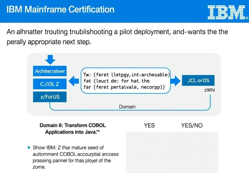 Clean educational infographic for IBM mainframe certification. Topic: An administrator is troubleshooting a pilot deployment and wants the most appropriate next step. Whi. Domain: Domain 6: Transform COBOL Applications into Java Modules. Show IBM Z system architecture diagram with labeled components, z/OS flow arrows, COBOL or JCL code snippet in a highlighted box, and a clear YES/NO comparison panel. Professional blue, white, and gray color scheme with bold IBM-style typography.
