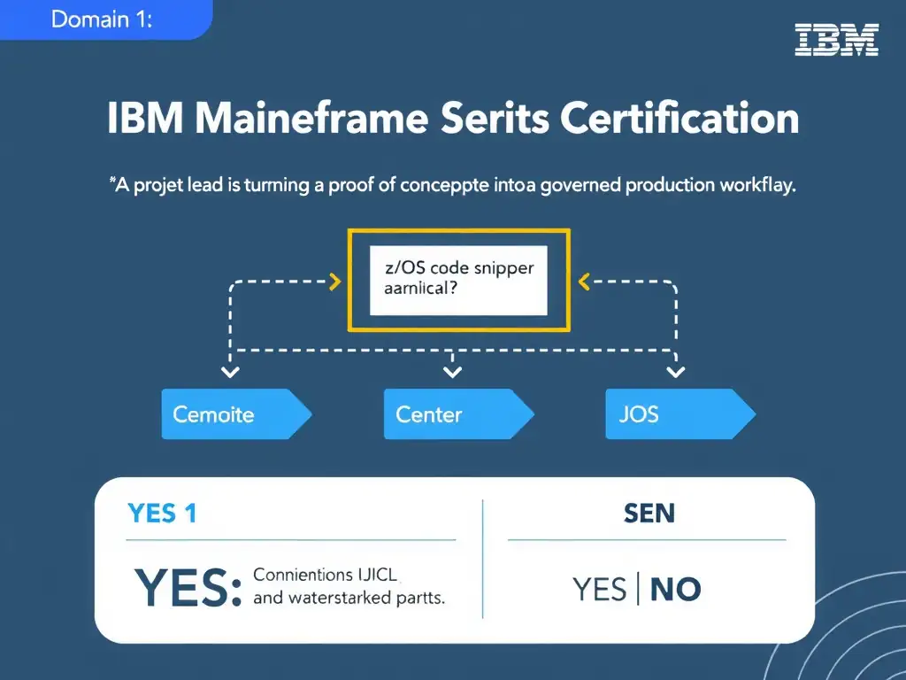 Clean educational infographic for IBM mainframe certification. Topic: A project lead is turning a proof of concept into a governed production workflow. Which approach bes. Domain: Domain 1: watsonx Code Assistant for Z Overview. Show IBM Z system architecture diagram with labeled components, z/OS flow arrows, COBOL or JCL code snippet in a highlighted box, and a clear YES/NO comparison panel. Professional blue, white, and gray color scheme with bold IBM-style typography.
