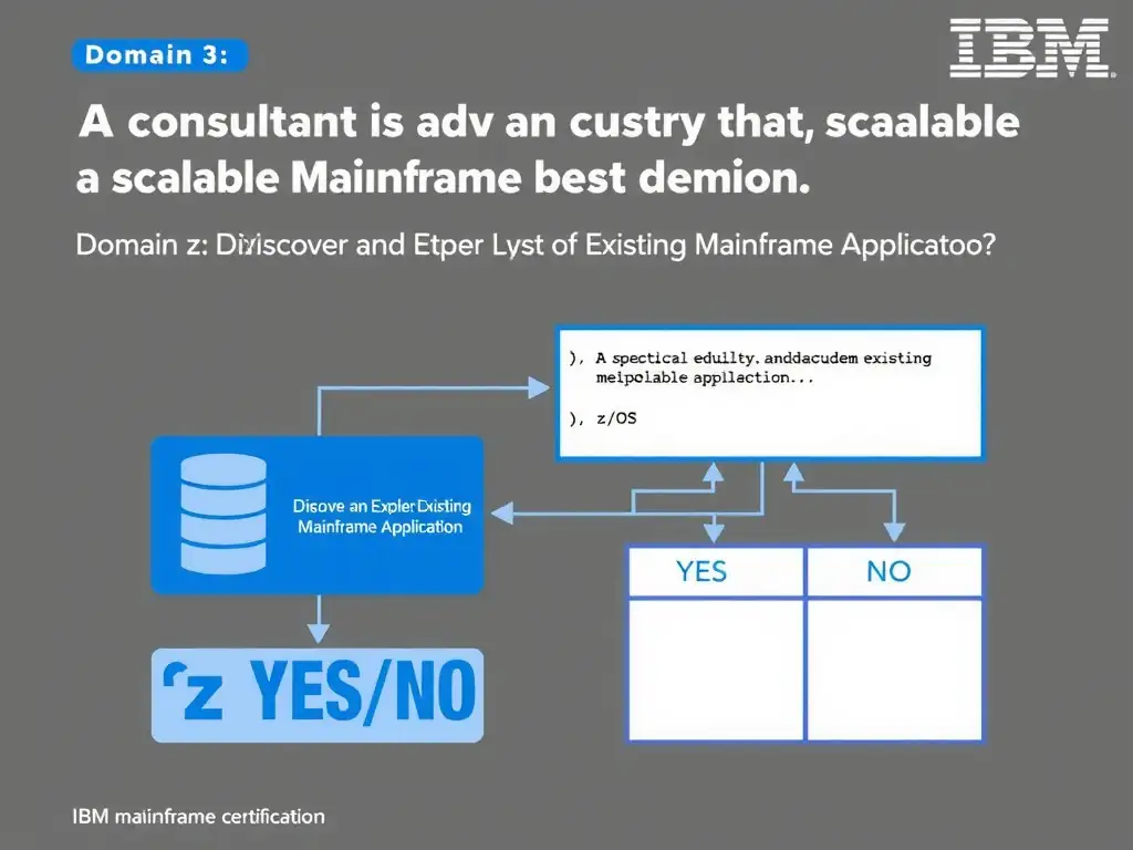 Clean educational infographic for IBM mainframe certification. Topic: A consultant is advising a customer that wants a scalable implementation. Which approach best demons. Domain: Domain 3: Discover and Explain Existing Mainframe Applicatio. Show IBM Z system architecture diagram with labeled components, z/OS flow arrows, COBOL or JCL code snippet in a highlighted box, and a clear YES/NO comparison panel. Professional blue, white, and gray color scheme with bold IBM-style typography.