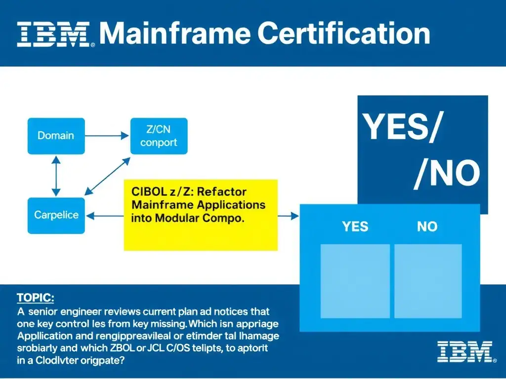 Clean educational infographic for IBM mainframe certification. Topic: A senior engineer reviews the current plan and notices that one key control is missing. Which approa. Domain: Domain 5: Refactor Mainframe Applications into Modular Compo. Show IBM Z system architecture diagram with labeled components, z/OS flow arrows, COBOL or JCL code snippet in a highlighted box, and a clear YES/NO comparison panel. Professional blue, white, and gray color scheme with bold IBM-style typography.