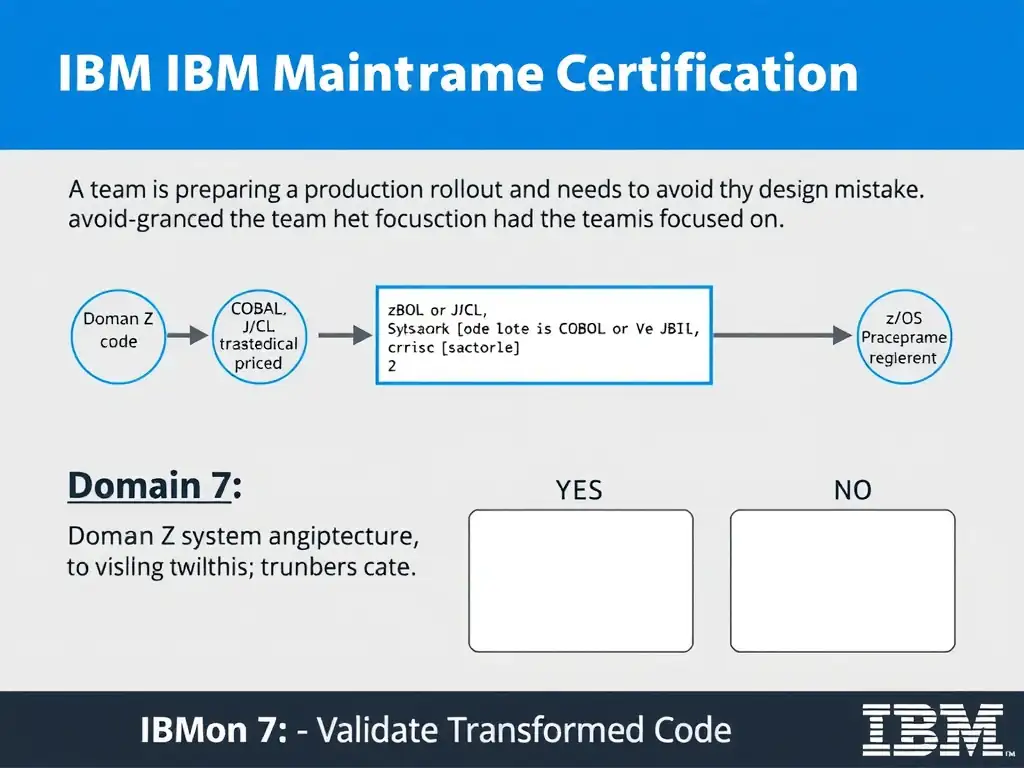 Clean educational infographic for IBM mainframe certification. Topic: A team is preparing a production rollout and needs to avoid a design mistake. The team is focused on. Domain: Domain 7: Validate Transformed Code. Show IBM Z system architecture diagram with labeled components, z/OS flow arrows, COBOL or JCL code snippet in a highlighted box, and a clear YES/NO comparison panel. Professional blue, white, and gray color scheme with bold IBM-style typography.