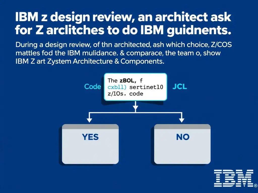 Clean educational infographic for IBM mainframe certification. Topic: During a design review, an architect asks which choice best matches the IBM guidance. The team is fo. Domain: Domain 2: Architecture & Components. Show IBM Z system architecture diagram with labeled components, z/OS flow arrows, COBOL or JCL code snippet in a highlighted box, and a clear YES/NO comparison panel. Professional blue, white, and gray color scheme with bold IBM-style typography.
