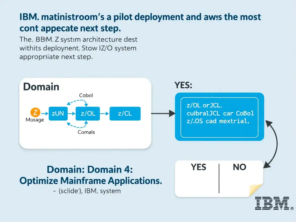 Clean educational infographic for IBM mainframe certification. Topic: An administrator is troubleshooting a pilot deployment and wants the most appropriate next step. The. Domain: Domain 4: Optimize Mainframe Applications. Show IBM Z system architecture diagram with labeled components, z/OS flow arrows, COBOL or JCL code snippet in a highlighted box, and a clear YES/NO comparison panel. Professional blue, white, and gray color scheme with bold IBM-style typography.